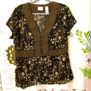 EMMA JAMES WOMAN BOHO CHIC BROWN FLORAL BUTTON UP BLOUSE PLUS SIZE 16
